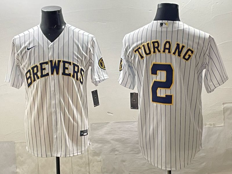 Men 2025 Milwaukee Brewers #2 Turang White Stripe 2025 Nike MLB Jersey 011->milwaukee brewers->MLB Jersey